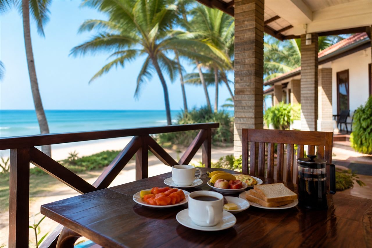 Breakfast on a resort patio with palm trees and sea views in Murudeshwar