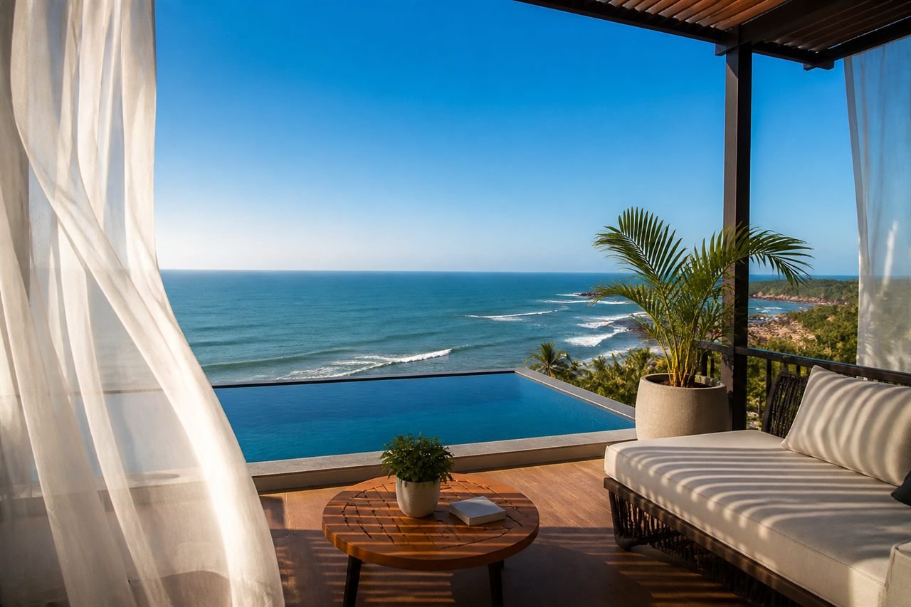 Sea-view balcony overlooking the Arabian Sea at a Murudeshwar beach resort